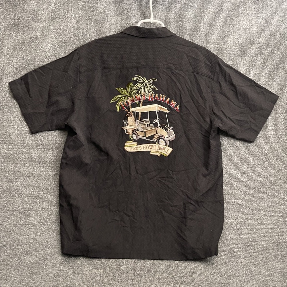 Tommy Bahama Thats How I Roll Silk Camp Shirt Mens Sz M Black Golf Cart
